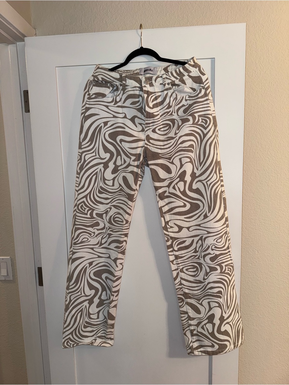 Miss Lola White and Taupe Zebra-Print Boot Cut Pants